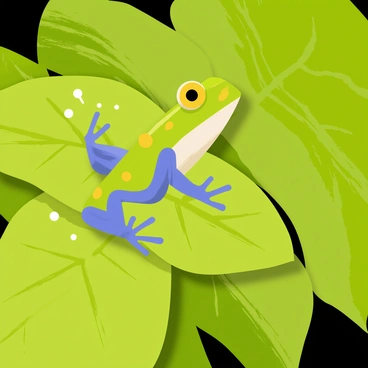 A colorful poison dart frog with bright green and blue skin is perched on a large, lush tropical leaf. The leaf has a vibrant green color with prominent veins and a glossy texture. The frog's body is adorned with yellow spots that contrast with its vivid colors. Surrounding the frog are small droplets of water glistening on the leaf's surface, indicating a recent rainfall. The background features blurred green foliage, enhancing the tropical environment.