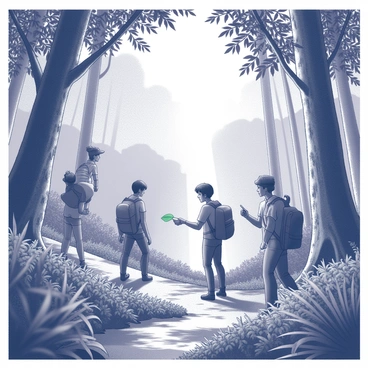 A group of adventurers navigating through a dense rainforest. They are surrounded by tall trees and thick foliage that creates a canopy overhead. The ground is covered in various plants, ferns, and underbrush. One adventurer is examining a large leaf, while another is pointing towards a distant waterfall. Sunlight filters through the leaves, casting intricate shadows on the forest floor. The atmosphere is filled with the textures of bark, leaves, and the sounds of nature.