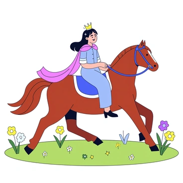 A noblewoman riding a majestic horse through a sunlit meadow. The horse has a shiny chestnut coat, and its mane flows gently in the breeze. The noblewoman wears an elegant dress that cascades down to the horse's saddle, with a flowing cape that billows behind her. She is adorned with a sparkling crown that glimmers under the sunlight. The meadow is filled with vibrant green grass and scattered wildflowers in shades of yellow and purple.