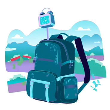 A traveler's backpack made of durable fabric, featuring multiple pockets and straps. The backpack is a deep green color with weathered accents, suggesting it has been on many adventures. Sticking out from the top of the backpack is a compact, silver portable alarm clock with a bright digital display. The clock has a sleek design, with a simple yet modern look. Surrounding the backpack are elements of a vibrant landscape, such as a winding trail, lush hills in the background, and a clear blue sky overhead, emphasizing the sense of adventure.