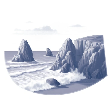 A rocky coastline with dramatic volcanic formations jutting out towards the ocean. The surface of the rocks shows rugged textures and varying shapes. In the foreground, the waves crash against the rocks, creating white foam. The ocean is visible in the background, with gentle waves rolling towards the shore. The sky above is clear, with a few scattered clouds. The scene captures the natural beauty of the coast, emphasizing the contrast between the dark rocks and the shimmering water.