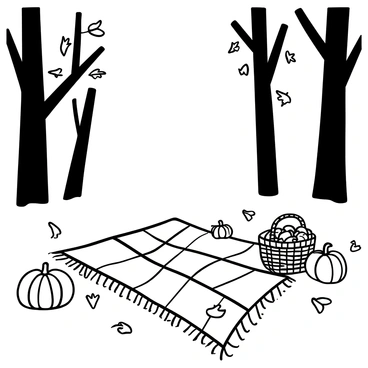 A picnic blanket spread out on the ground in a forest clearing surrounded by trees with dropping leaves. Various pumpkins, in different sizes and shapes, are placed around the blanket. A wicker basket filled with fruits and snacks sits on one side of the blanket. A few fallen leaves are scattered on the ground, adding to the autumn atmosphere. There are small decorative gourds placed alongside the picnic items.