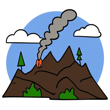 A distant line of gray smoke billowing upwards from a wildfire, set against a rugged mountainous landscape with jagged peaks. The terrain is a mix of dark browns and greens, with patches of scorched earth visible. The sky is partially covered with clouds, and the smoke creates a stark contrast against the bright blue backdrop. The distant flames can be seen flickering at the base of the smoke, indicating the intensity of the fire. A few trees dot the landscape, some appearing charred, while others remain untouched nearby.