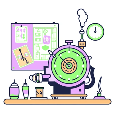 A steampunk-inspired tattoo machine is displayed prominently on a wooden workbench. The machine features intricate gears and steam pipes, with brass and copper elements gleaming in the light. Several small tools are placed nearby, including tattoo needles and ink bottles. The background is adorned with sketches of tattoo designs pinned to a corkboard, while a vintage clock with exposed gears hangs on the wall. Steam is rising from a small valve on the machine, adding a dynamic element to the scene.