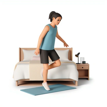 A person, wearing a blue tank top and black shorts, is performing jumping jacks in a well-lit bedroom. The room has a cozy atmosphere with a neatly made bed in the background, adorned with soft pillows and a warm blanket. A yoga mat is placed on the wooden floor, and a small bedside table holds a glass of water and a digital clock displaying the time. The person's hair is tied back, and they have a focused expression, showing determination as they exercise.