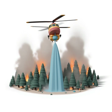 A large helicopter, painted in bright red and yellow, hovers above a dense forest engulfed in flames. The rotors are spinning rapidly, creating a strong downdraft. Below, a stream of bright blue water is being released from a tank suspended underneath the helicopter, cascading down toward the burning trees. The flames are shooting high into the air, casting an orange glow across the scene, while thick plumes of smoke rise upwards, obscuring parts of the sky. There are patches of green foliage visible amid the destruction, and the ground is dotted with charred remains of trees.