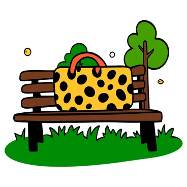 A skateboard bag with a leopard print design is resting on a wooden park bench. The bag is prominently displayed, showcasing its intricate patterns of spots in shades of brown and black. The park bench is surrounded by vibrant green grass, and in the background, there are scattered trees providing a sense of a sunny day. The bench is made of a dark wood, contrasting with the colorful bag. Sunlight casts soft shadows across the scene, highlighting the unique texture of the skateboard bag.