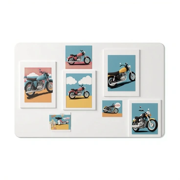 A shop wall, featuring a variety of "vibrant motorcycle-themed art" and "posters" showcasing different motorcycle models. The art includes "bold graphics" of motorcycles in action, capturing the essence of speed and freedom. The posters display "classic motorcycle brands," with a mix of colors such as red, blue, and yellow, enhancing the lively atmosphere. The wall is adorned with different sizes and shapes of artwork, creating an engaging visual experience for customers.