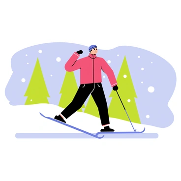 A skier wearing a bright red jacket and black pants is gliding gracefully across a flat, snowy field. The skier has an athletic build, with ski poles extended for balance. Snowflakes are gently falling from a clear blue sky, creating a soft white layer on the ground. In the background, there are tall evergreen trees dusted with snow, providing contrast to the bright colors of the skier's outfit. The scene captures the excitement and determination of a cross-country race.