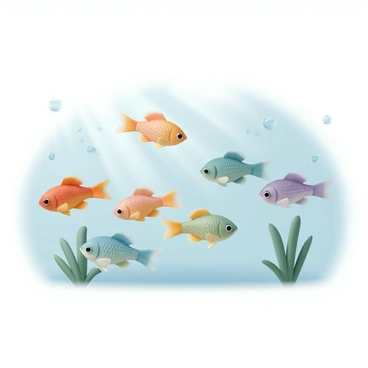A group of guppies, displaying a vibrant array of colors including red, orange, yellow, green, blue, and purple, swimming gracefully in clear water. Each guppy has shimmering scales that reflect the sunlight, creating a dazzling effect. The sunlight filters through the water, illuminating the scene and highlighting the intricate patterns on the fish's bodies as they swim among soft green aquatic plants. Bubbles rise to the surface, adding a dynamic element to the peaceful underwater environment.