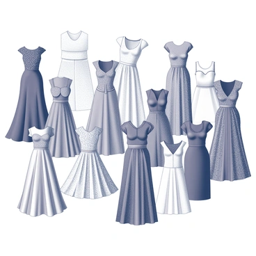 A collection of various dress styles arranged in a collage format. Each dress is cut from different magazine pages, showcasing a range of designs and patterns. The dresses vary in silhouette, including flowing gowns, fitted dresses, and casual wear. Some dresses have intricate detailing, while others feature bold prints or textures. The overall composition blends these styles together, creating an engaging visual display of fashion variety.