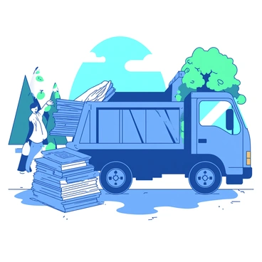 A blue recycling truck is parked beside a sidewalk, with its back open and ready for loading. Several stacks of gray newspapers are piled neatly beside the truck. A person in a white shirt and gloves is lifting one stack of newspapers, preparing to place it into the truck. In the background, there are a few trees with green leaves and a clear blue sky. The scene conveys a sense of environmental responsibility and community effort.