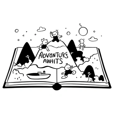 A group of small robots with rounded edges and antennae stands on the pages of an open book. The pages are filled with detailed illustrations depicting a vast landscape, including mountains, rivers, and trees. Some robots are interacting with various elements in the book, such as climbing a paper mountain or looking curiously at a miniature boat floating on a paper river. The robots are positioned at different areas, creating a sense of exploration and adventure within the scene. "Adventure Awaits" is prominently featured on one of the open pages, surrounded by intricate designs.