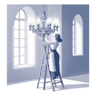A servant is standing on a wooden ladder, diligently polishing a large, ornate chandelier that hangs from the high ceiling of a grand medieval castle hall. The chandelier features intricate metalwork with multiple arms extending outward, holding numerous candle holders. The servant, dressed in simple period clothing, is focused on ensuring every detail of the chandelier shines. The hall is adorned with stone walls and tall arched windows that let in natural light, illuminating the dust motes in the air. Below the chandelier, a polished stone floor reflects the grandeur of the room.