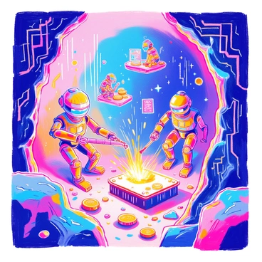 Robots are seen mining digital currency deep within a cavern. The cavern is filled with vibrant, glowing digital crystals and intricate circuitry patterns on the walls. The robots, designed with metallic surfaces and bright LED lights, are actively working with tools that emit sparks and light. Streams of binary code flow through the air, and small holographic displays show data and statistics. In the background, there are floating platforms and additional robots assisting in the mining process, creating a dynamic and industrious atmosphere.