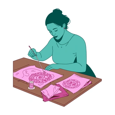 A teal figure of Desdemona is seated gracefully at a wooden table, elegantly threading a silver needle with her slender fingers. She is surrounded by vibrant fabrics displaying intricate patterns in shades of pink. The needle is poised delicately above a piece of fabric, where she is starting to create intricate designs with colorful threads. Her expression is focused and serene, reflecting her dedication to her craft. Scattered around her are various spools of thread, each displaying different colors, enhancing the workspace's liveliness.