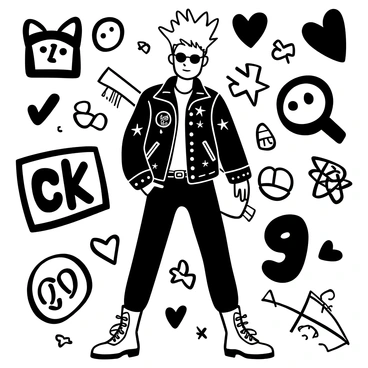 A punk rocker standing confidently, wearing a leather jacket adorned with spikes and patches. His outfit includes a pair of classic Dr. Martens boots laced tightly. He has a mohawk hairstyle that stands tall, and he is holding a guitar slung over his shoulder. The background is filled with graffiti art showcasing various punk symbols and slogans. The rocker's stance exudes a rebellious spirit typical of the 1980s punk scene.