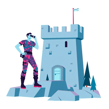 A soldier action figure with camouflage clothing stands alert, holding a pair of binoculars up to its eyes. The action figure is detailed, with a realistic face and well-defined muscles. It is positioned on a rocky surface, ready for action. The mini castle tower is constructed from grey stone, featuring battlements and a small wooden door. It is situated behind the soldier, surrounded by miniature trees and shrubs. The scene captures a tense moment, as the soldier scans the horizon for potential threats while guarding the tower.