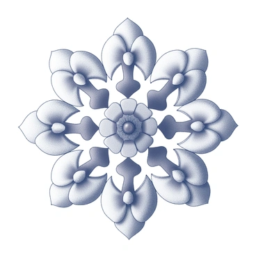 A symmetrical mandala design consisting of various flower shapes. Each flower shape is intricately detailed, displaying distinct petals and centers. The mandala radiates from the center, with flowers arranged in a circular pattern. The composition includes larger flowers towards the middle, gradually transitioning to smaller flower shapes along the outer edges. The entire structure maintains a balanced and harmonious appearance as it expands outward.