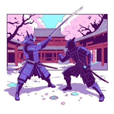 Two AI-enhanced samurai warriors are engaged in a thrilling duel within an ancient setting. The first samurai has sleek, metallic armor adorned with intricate patterns and glowing blue accents. He stands confidently, sword raised high, ready to strike. The second samurai, with a contrasting design, wears rugged armor that features sharp, rugged edges and glowing red details. He crouches low, preparing to counter the incoming attack. The backdrop includes traditional Japanese architecture with wooden structures and cherry blossom trees, their petals scattered in the wind around the combatants. The ground is a mix of stone and moss, reflecting the passage of time in this historic arena.