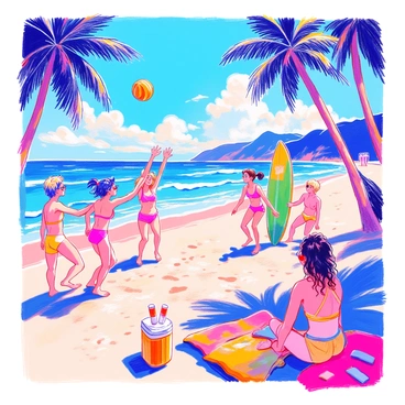 A beach scene unfolds with several friends gathered on the sandy shore. They are playing volleyball, with a bright orange volleyball soaring through the air. Two girls are jumping to hit the ball, one has short blue hair and is wearing a pink bikini, while the other has long black hair tied in a ponytail and is dressed in a yellow swimsuit. Two boys are positioned on the opposite side, one with spiky blond hair and a green surfboard nearby, wearing swim trunks, and the other with curly brown hair, wearing sunglasses and a white tank top. The sun shines brightly overhead, casting distinct shadows on the sand. There are palm trees swaying gently in the light breeze, and colorful beach towels are spread out nearby. A cooler sits close by, with drinks peeking out from it. In the background, gentle waves lap against the shore.