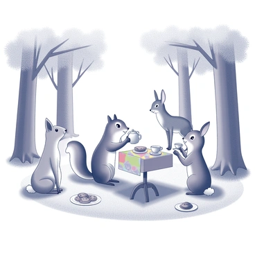 A playful scene of woodland animals having a tea party with miniature teacups