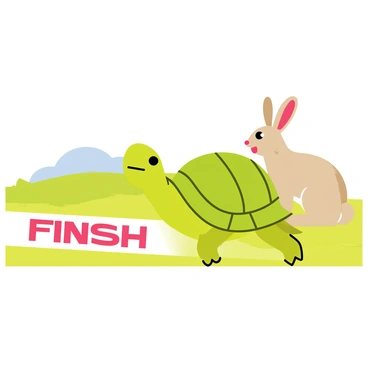 A tortoise with a green shell is crossing a finish line marked by a white banner that reads "FINISH" in bold red letters. The tortoise has a determined expression on its face as it takes its final steps. In the background, a hare with long ears and a light brown coat is frozen in surprise, its mouth slightly open as it watches the tortoise win. The scene is set in a sunny outdoor environment with green grass and a clear blue sky.