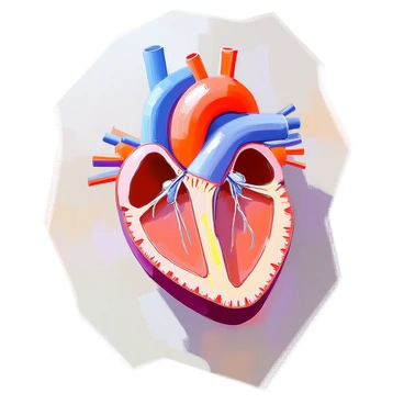 A cross-sectional scientific illustration of a mammal's heart, showcasing its intricate structure. The heart is depicted with clear visibility of its four chambers: the left atrium, right atrium, left ventricle, and right ventricle. Blood vessels, such as the aorta and pulmonary arteries, are accurately illustrated branching from the heart. The walls of the chambers are labeled, along with the valves connecting them, such as the mitral and tricuspid valves. The illustration is rendered in a way that highlights the anatomical details and relationships of the heart's components, providing an educational overview of the organ's function.