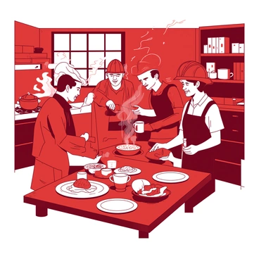A red fire station kitchen is bustling with activity as firefighters gather around a wooden table. The table is set with plates of food, including steaming bowls of soup and freshly baked bread. The firefighters, wearing their uniforms, are engaged in lively conversation while some are laughing. In the background, there are shelves stocked with kitchen supplies and a large pot simmering on the stove. One firefighter is pouring coffee into mugs, while another is serving food from a large dish. The warm atmosphere is inviting, with sunlight streaming through the window.