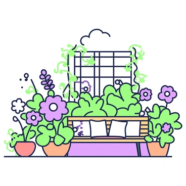 A rooftop garden filled with a variety of blooming flowers in different shapes and sizes. In the center, there are vibrant flowers in full bloom, including large blossoms and smaller clusters. Surrounding the flowers, green leaves add texture and depth to the scene. Several terracotta pots contain assorted plants, while a wooden trellis supports climbing vines that are intertwined with the flowers. A small sitting area features a wooden bench with cushions, inviting someone to enjoy the garden. The sky above is clear, creating a bright atmosphere.