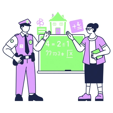 A flashcard features two community helpers side by side. On the left, a police officer stands confidently, wearing a uniform complete with a badge and holding a radio. Beside him, a teacher is shown with glasses and a stack of books in one hand, while the other hand gestures towards a chalkboard filled with simple math equations. Behind them, there are various community elements like a small schoolhouse and a police station icon, enhancing the theme of community support.