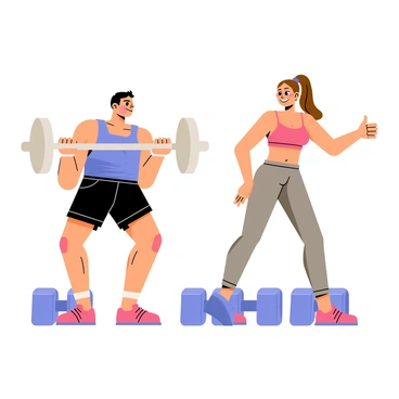 Two cartoon-style characters are engaged in a barbell curl exercise. One character is a muscular man with short black hair, wearing a blue tank top and black shorts, lifting a shiny silver barbell. He has a determined expression on his face. The other character is a fit woman with long brown hair tied in a ponytail, wearing a red sports bra and gray leggings, standing next to him with an encouraging smile and giving him a thumbs-up. They are in a gym setting with dumbbells and workout equipment in the background. Bright colors and cheerful expressions highlight the supportive atmosphere.
