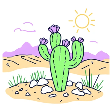 A blooming cactus is positioned prominently in the foreground of a desert landscape. The cactus features numerous arms, each adorned with vibrant flowers in various shapes and sizes. Surrounding the cactus, the sandy ground is scattered with small rocks and patches of dry grass. In the background, rolling dunes rise under a clear sky, while a few distant mountains create a rugged horizon. The sun shines brightly overhead, casting distinct shadows and illuminating the colors of the flowers on the cactus. The scene captures the stark beauty of the desert ecosystem.