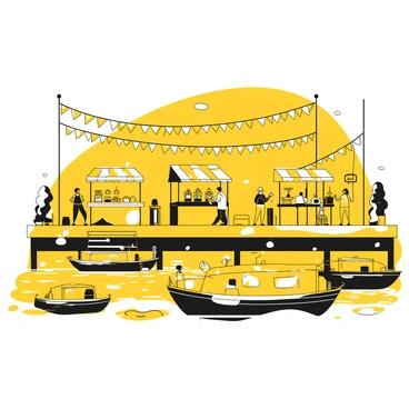 A festive atmosphere at the harbor with flags, food stalls, and live music