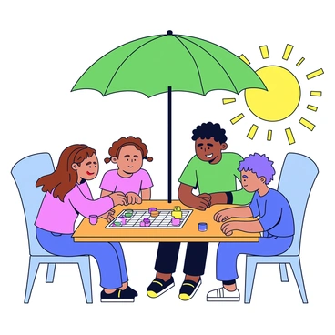 A family is gathered around a wooden table, engaged in a game of backgammon. The table is set under a large green umbrella, providing shade. There are four family members: a mother with long brown hair, a father with short black hair, and two children, one boy and one girl. The boy has curly hair, while the girl has pigtails. The board game is open on the table, with brightly colored pieces placed strategically on the board. The sun is shining brightly, casting soft shadows on the table, and there are some trees in the background, suggesting a pleasant outdoor setting.