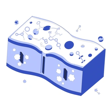A cross-section of a cell membrane is displayed, highlighting its lipid bilayer structure. The lipid bilayer consists of two layers of phospholipids, with hydrophilic heads facing outward and hydrophobic tails oriented inward. Embedded within the bilayer are various proteins, which are represented in different shapes and sizes. Some proteins span the entire membrane, acting as channels, while others are partially embedded. The edges of the membrane exhibit a wavy pattern, emphasizing the fluid nature of the structure. Surrounding the membrane are small elements representing the external environment, adding context to the cellular structure.