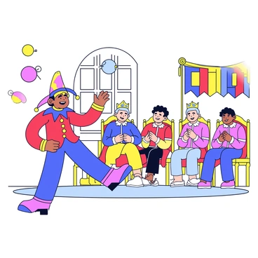 A court jester wearing a colorful outfit of red, blue, and yellow is performing tricks in front of an amused royal audience. The jester has a pointed hat with bells that jingle as he moves. He is juggling three colorful balls in the air while balancing on one foot. The royal audience consists of a king and queen seated on an ornate throne, along with courtiers who are laughing and clapping. The court is decorated with banners and colorful tapestries hanging from the walls. A large window lets in light, highlighting the jester's bright attire and the joyful expressions of the audience.