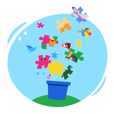 A colorful jigsaw puzzle with various shapes and sizes of pieces is being tossed high into the air. The puzzle pieces are flying outward in different directions, some spinning and others gliding down. Each piece features vibrant illustrations, such as animals, landscapes, and patterns. The background shows a clear blue sky, allowing the bright colors of the puzzle pieces to stand out against it.