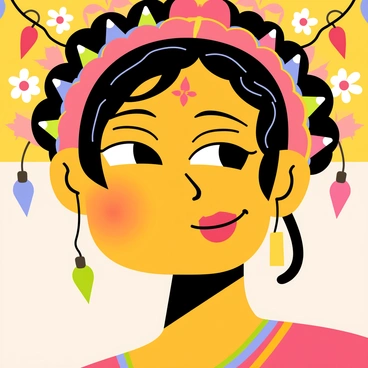 A close-up of "Durga's" face with a joyful expression, showcasing intricate features and vibrant colors. Her skin is a golden hue, with elegant, bold makeup emphasizing her eyes and lips. Surrounding her head is a halo of "colorful festive lights" in shades of red, blue, and green, creating a lively atmosphere. The background features soft, blurred hints of "decorative garlands" and floral arrangements, enhancing the celebratory mood.