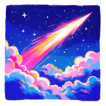 A fireball resembling a "shooting star" is streaking across a dark night sky. The sky is filled with fluffy clouds that partially obscure the stars. The fireball emits a bright, vivid light and leaves a trailing glow behind it. The clouds are illuminated by the light of the fireball, creating a contrast between the dark sky and the radiant light. The scene captures the dynamic movement of the fireball as it travels through the night.