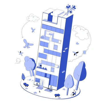 A modern building photo reinterpreted as a whimsical doodle-filled illustration
