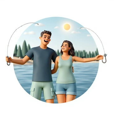 Two friends, a man and a woman, are standing side by side, both laughing heartily. The man is wearing a dark blue t-shirt and cargo shorts, while the woman is dressed in a light green tank top and denim shorts. They each hold one end of a shiny fishing hook, with their arms outstretched, creating a playful tension between them. Their expressions are filled with joy and camaraderie, and behind them, there is a serene lake with trees lining the shore, adding to the lively outdoor atmosphere. Sunlight glints off the water, enhancing the cheerful scene.