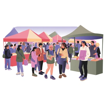 A digital flat illustration of an outdoor bazaar filled with vibrant, colorful tents in various shapes and sizes. The tents are in shades of red, blue, yellow, and green, creating a lively atmosphere. In the foreground, a diverse group of shoppers with different skin tones and attire enthusiastically browse through the stalls. Some shoppers are holding bags filled with goods, while others are conversing with vendors. There are tables displaying a variety of items such as fruits, spices, handmade crafts, and textiles. A bright blue sky is visible above, and the scene captures the energy and excitement of a bustling market day.