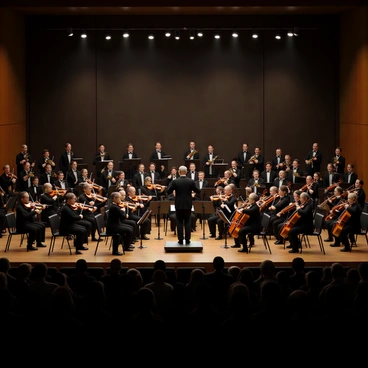 A symphony orchestra set on a grand stage, filled with musicians in formal black attire. The conductor stands in front, energetically leading the performance with a baton. Various instruments such as violins, cellos, and brass instruments are visible, each musician focused on their part. The lighting is dramatic, with spotlights illuminating the musicians, casting deep shadows and highlighting the intricate details of their instruments. The backdrop features rich, dark tones that enhance the atmosphere of the performance. The audience is partially visible, captivated by the music.