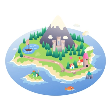 A hand-drawn illustrated map is prominently displayed, showcasing a fantasy island with various landmarks. The island features a large central mountain with a snow-capped peak, surrounded by lush green forests. To the north, there is a sparkling blue lake with a small wooden boat depicted on its surface. In the eastern part of the island, a towering castle with multiple spires is illustrated, sitting atop a cliff with waves crashing below. A winding path connects the castle to a quaint village located on the southern shoreline, where colorful houses are shown with smoke rising from chimneys. There are vibrant, whimsical creatures scattered throughout the map, with small labels indicating their names. The ocean surrounding the island is illustrated with gentle waves and a few cartoonish sea creatures visible just below the surface.