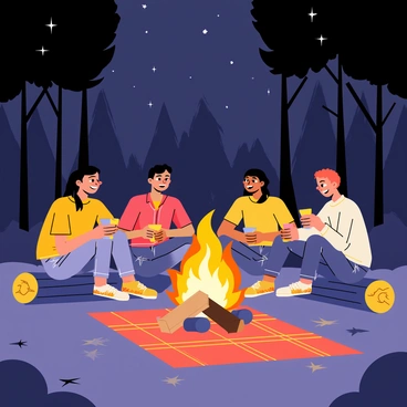 A group of four friends sitting around a campfire in a wooded area at night. The campfire has bright orange flames and glowing embers, illuminating their faces. Two friends are leaning forward, engaged in storytelling, while the other two are laughing and listening intently. Tall trees surround them, with some stars visible in the night sky above. Each friend has a drink in hand, and there are a couple of logs arranged as seating around the fire. A plaid blanket is spread on the ground, adding to the cozy atmosphere.