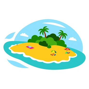 A tropical island featuring tall green palm trees swaying gently in the breeze. The sandy beach is golden and stretches along the shoreline, invitingly smooth and warm. Clear turquoise waters lap gently at the edge of the beach, reflecting the bright blue sky above. A few fluffy white clouds float in the sky, adding a touch of contrast to the vibrant scene. Small colorful beach towels and umbrellas are scattered across the sand, enhancing the lively atmosphere of the island.