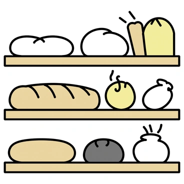 A grocery store shelf stocked with buns of various shapes and sizes