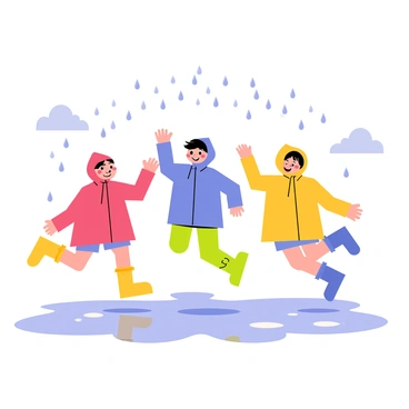 Children jumping in puddles, with raindrops splashing around them.
