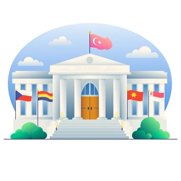 A grand central bank building features an impressive façade with tall columns and intricate architectural details. Out front, there are multiple flags from different countries prominently displayed, each flag fluttering in the breeze. The flags include vibrant colors and distinct symbols, representing a variety of nations. The entrance of the bank is adorned with large wooden doors and a decorative stone archway. A wide staircase leads up to the entrance, flanked by well-manicured shrubs and a pathway lined with small decorative lights. The sky above is clear, showcasing a bright blue hue.